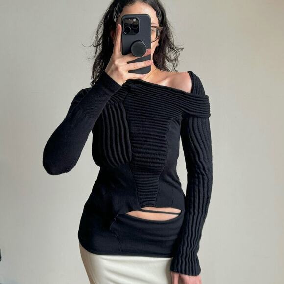 Vintage BALENCIAGA PARIS Asymmetrical Cut-out Wool Knit Top - Picture 1 of 14